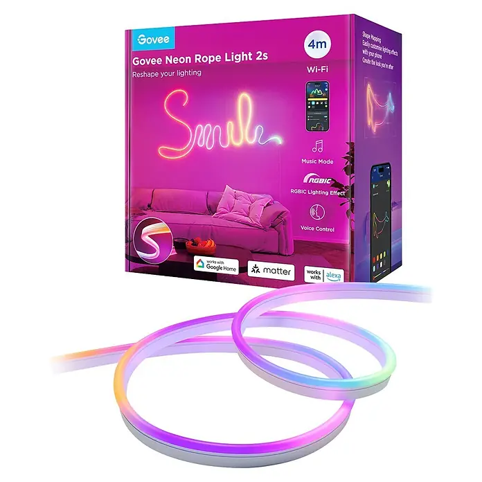 Govee LED-Stripes Neon Rope - Länge: 4 m, Weiß, RGBW - Verpackung der Govee Neon Rope Light 2s und die gewickelte, flexible, mehrfarbige LED-Seilleuchte.