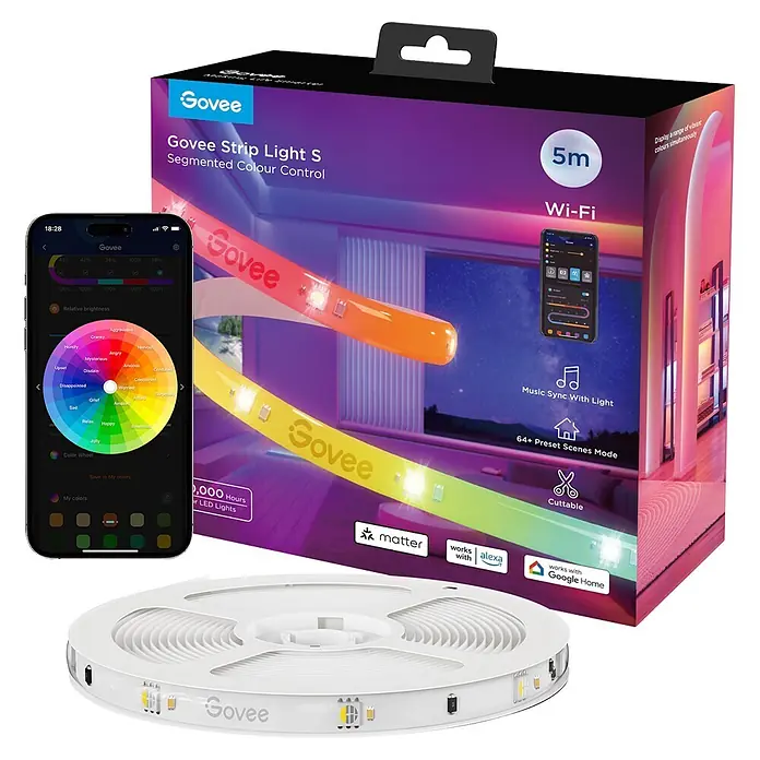 Govee LED-Stripes Light S - 5 m, RGBW, Matter - Govee Strip Light S Packung mit 5m LED-Streifen, App zeigt segmentierte Farbsteuerung & Smart Home Integration.