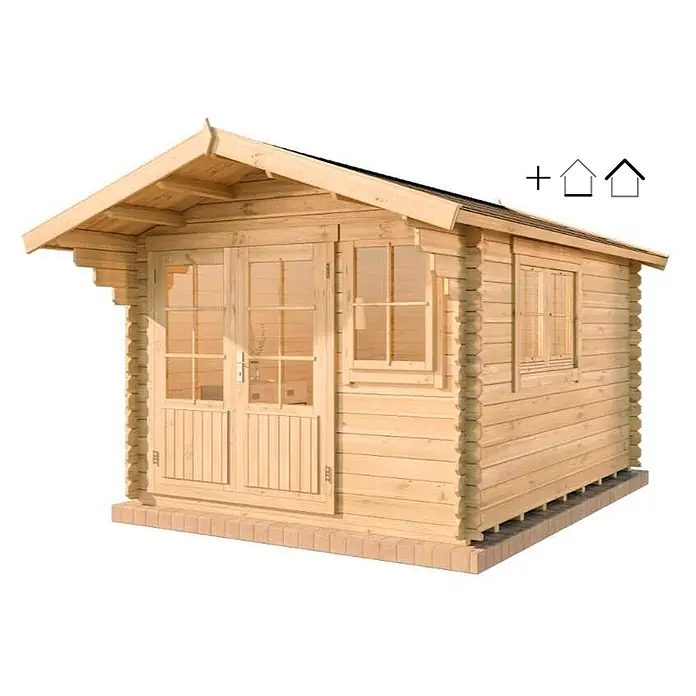 Alpholz Gartenhaus ECO Set Gabriel 300 x 400 cm imprägniert - Außenmaß inkl. Dachüberstand (B x T): 338 x 467 cm, Holz, Pinie - Helles Holzgartenhaus mit Doppeltür und Fenstern, ausgestattet mit Satteldach.