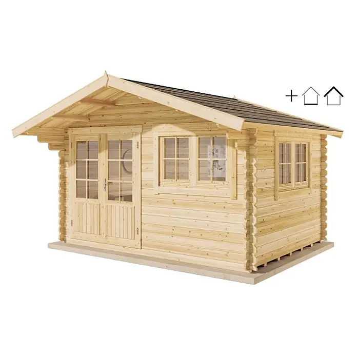 Alpholz Gartenhaus ECO Set Gabriel 400 x 300 cm - Außenmaß inkl. Dachüberstand (B x T): 438 x 367 cm, Holz, Naturbelassen - Helles Blockhaus Gartenhaus aus Naturholz mit Doppeltür, Fenstern und dunklem Dach, auf hellem Sockel.