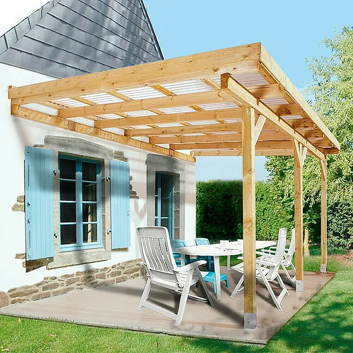 Weka Terrassenüberdachung Salsa - B x T: 514 x 306 cm, Grün, kesseldruckimprägniert, Transparent - Terrassenüberdachung aus Holz mit transparenten Platten und Gartenmöbeln für gemütliche Stunden im Freien.