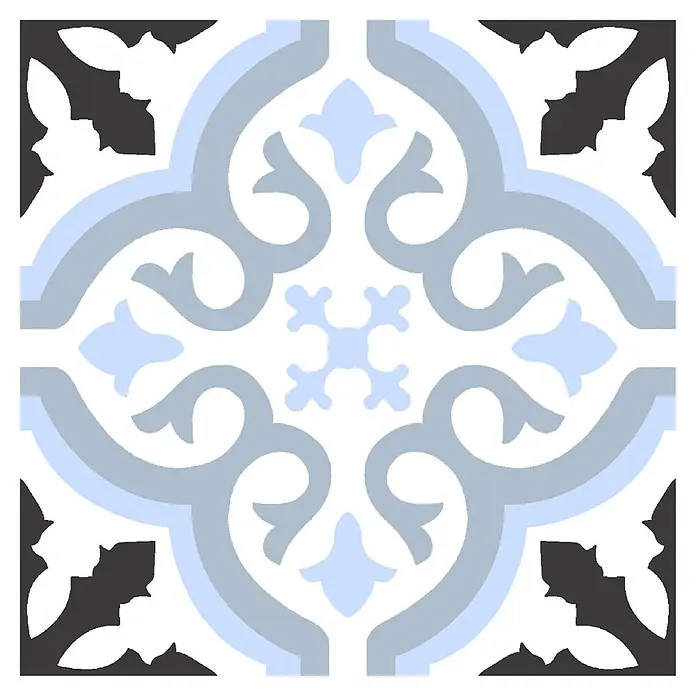 Feinsteinzeugfliese Casablanca - 20 x 20 cm, Diamond, Matt - Symmetrisch gemusterte Fliese in Weiß, Hellblau, Grau und Schwarz.