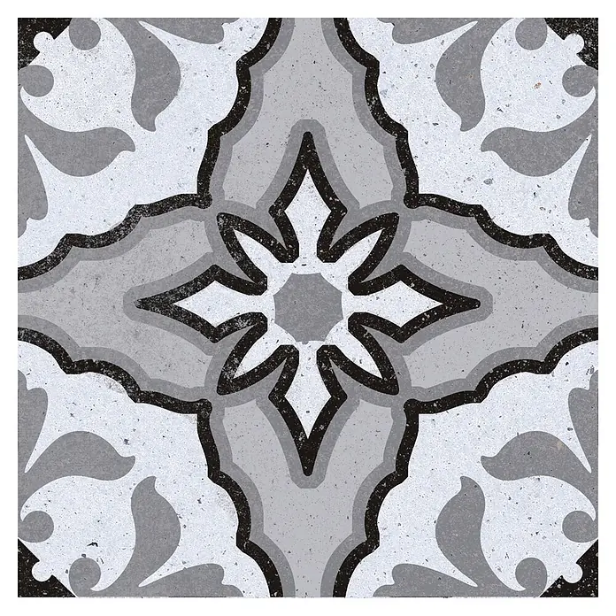 Feinsteinzeugfliese Piccolo - 20 x 20 cm, Black Mix, Matt - Grau, weiß und schwarz Zementfliese im Enkaustik-Stil mit sternförmigem Mittelmotiv und symmetrischen Ornamentmustern.