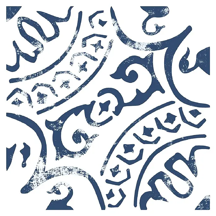 Feinsteinzeugfliese Casablanca - 20 x 20 cm, Neela, Matt - Blau-weißes, verwittertes Ornamentmuster.
