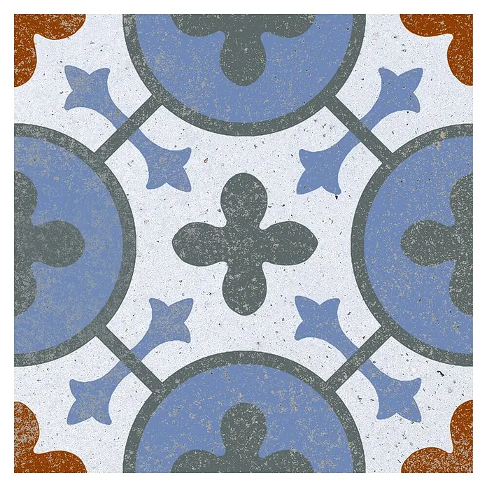 Feinsteinzeugfliese Piccolo - 20 x 20 cm, Mix, Matt - Dekorative Zementfliese mit blauem, grauem und orangem geometrisch-floralem Muster.