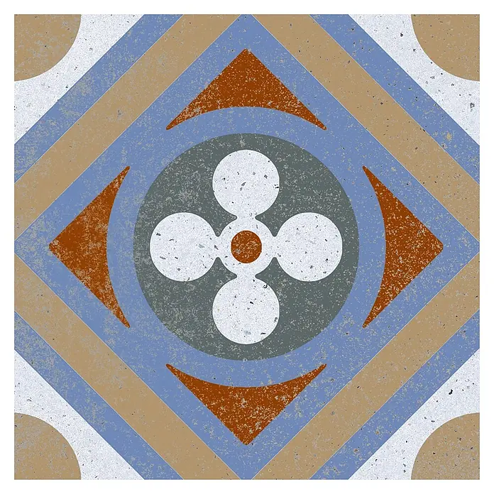 Feinsteinzeugfliese Piccolo - 20 x 20 cm, Mix, Matt - Geometrische Terrazzofliese mit blauem Diamant, weißem Kleeblattmotiv, orange Akzenten und beigen Streifen.