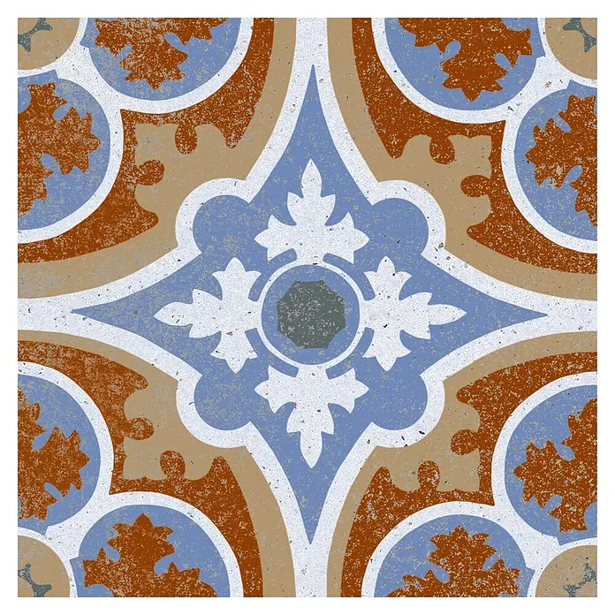 Feinsteinzeugfliese Piccolo - 20 x 20 cm, Mix, Matt - Dekorative Fliese im Vintage-Stil mit rostfarbenem, blauem und beigem geometrischem Blumenmuster.