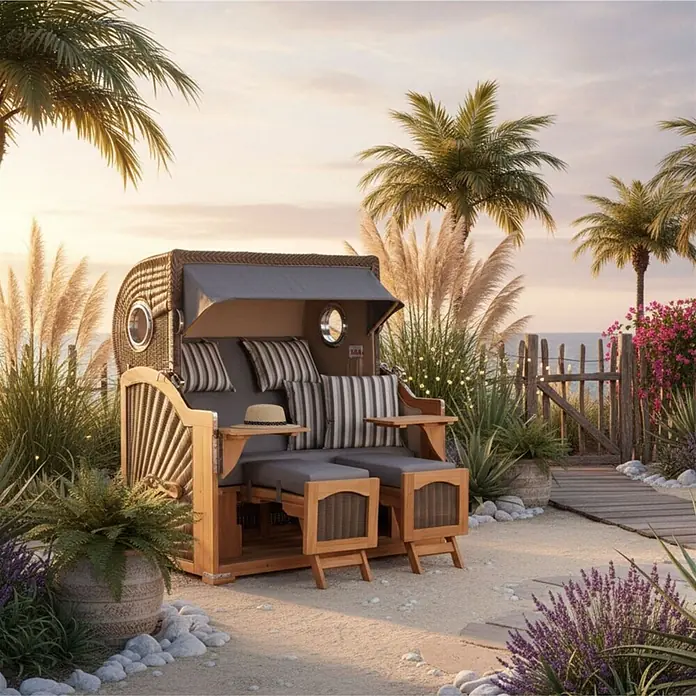 Mr. Deko Strandstuhl Strandkorb Düne Grande Bullauge Teak PE Grey Dessin 544 - 1 Stk., Teakholz. Polyrattan, Rückenlehne verstellbar, PE Grey - Strandkorb aus Korbgeflecht mit grauen Polstern und Verdeck, Holzrahmen, auf Sandweg am Meer.