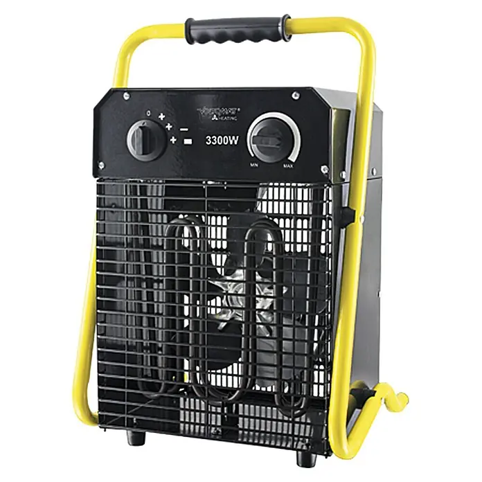 Voltomat HEATING Calefactor industrial - Número de niveles de potencia: 3 ud., 1.650 W - 3.300 W, 220 V - 240 V, Amarillo/Negro, IP24 - Imagen de un calefactor eléctrico portátil con marco amarillo y rejilla negra, ideal para obras o talleres.