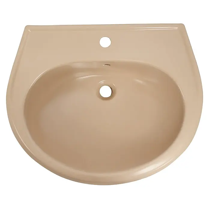 Sanicomfort Waschbecken - B x L: 60 x 51,5 cm, Ohne Spezialglasur, Hahnloch: Mitte, Mit Überlauf, Beige - Beiges Keramik-Waschbecken mit Hahnloch, Überlauf und Abfluss.