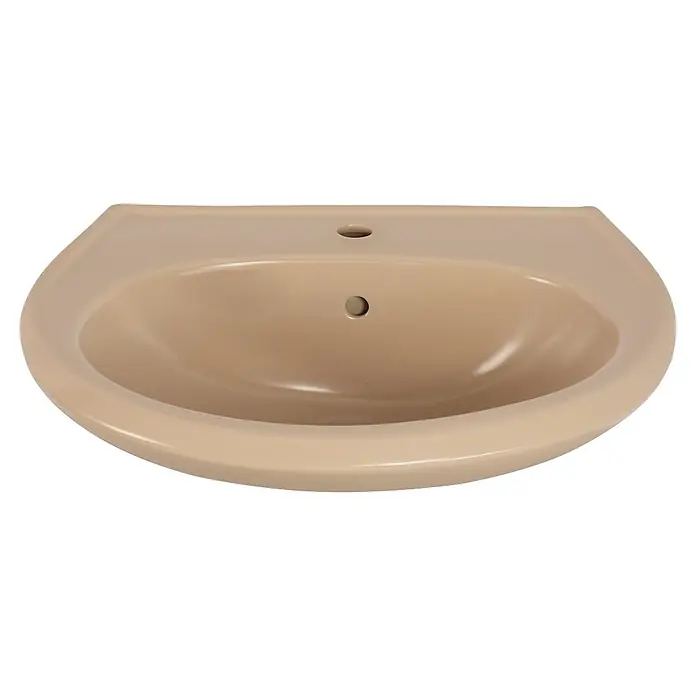 Sanicomfort Waschbecken - B x L: 60 x 51,5 cm, Ohne Spezialglasur, Hahnloch: Mitte, Mit Überlauf, Beige - Beiges Keramik-Waschbecken mit Hahn- und Überlauflöchern.