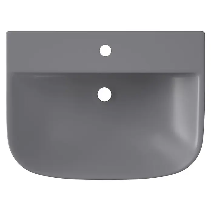 Sanicomfort Waschbecken Rivo - B x L: 60 x 45 cm, Ohne Spezialglasur, Hahnloch: Mitte, Mit Überlauf, Grau, Matt - Graues rechteckiges Waschbecken mit abgerundetem Boden, mit Hahn- und Abflussloch.
