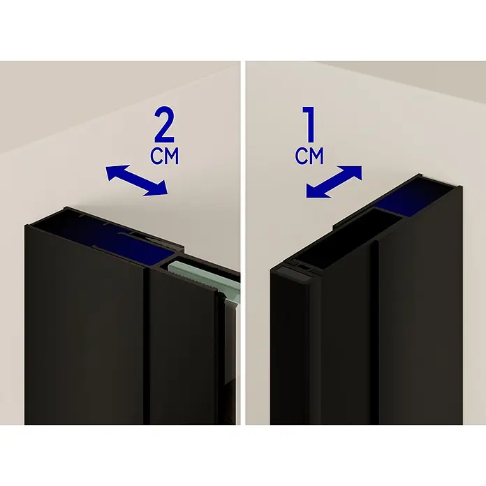 i-flair Dusch-Schiebetür DTNADINEC180BL - 180 x 200 cm, Schwarz, Beschichtet, 8 mm - Schwarze Profile zeigen 1 cm und 2 cm Einbauabstand.