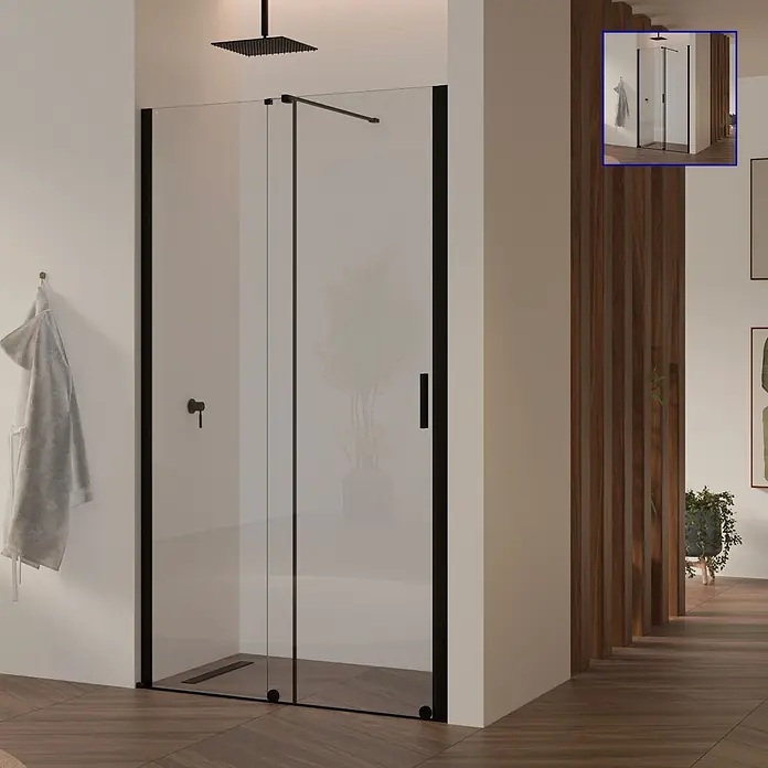 i-flair Dusch-Schiebetür DTNADINEC160BL - 160 x 200 cm, Schwarz, Beschichtet, 8 mm - Schwarz gerahmte Glasduschkabine mit Schiebetür in modernem Badezimmer.