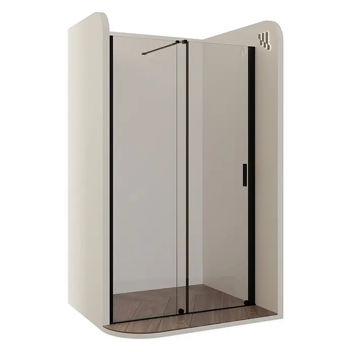i-flair Dusch-Schiebetür DTNADINEC120BL - 120 x 200 cm, Schwarz, Beschichtet, 8 mm - Duschkabine für die Ecke mit schwarzen Profilen, Klarglastüren und dunklem Holzboden.