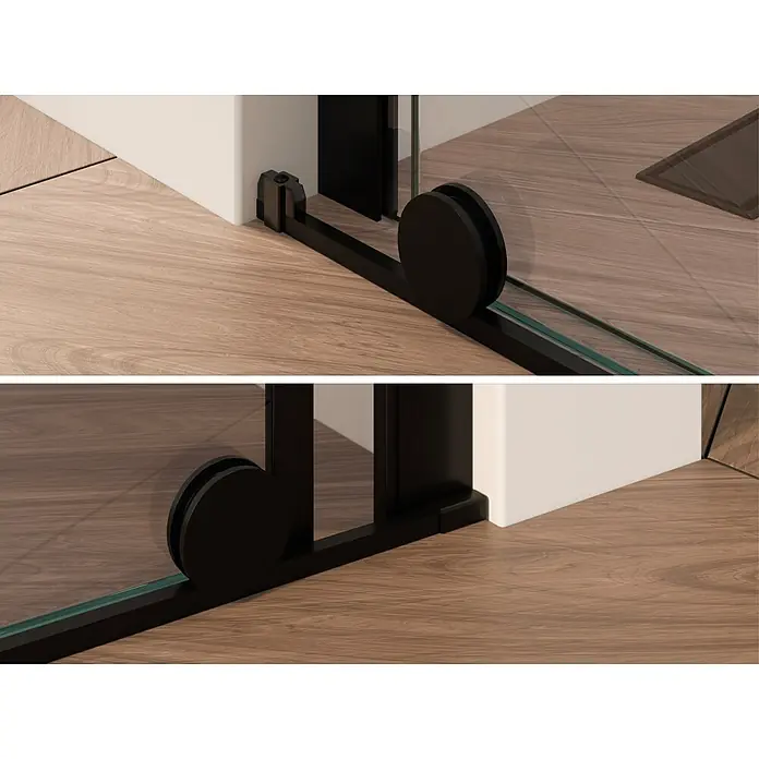i-flair Dusch-Schiebetür DTNADINEC120BL - 120 x 200 cm, Schwarz, Beschichtet, 8 mm - Schwarze Duschkabinenschienenführung mit Rollen, die das Glaspanel stützt.
