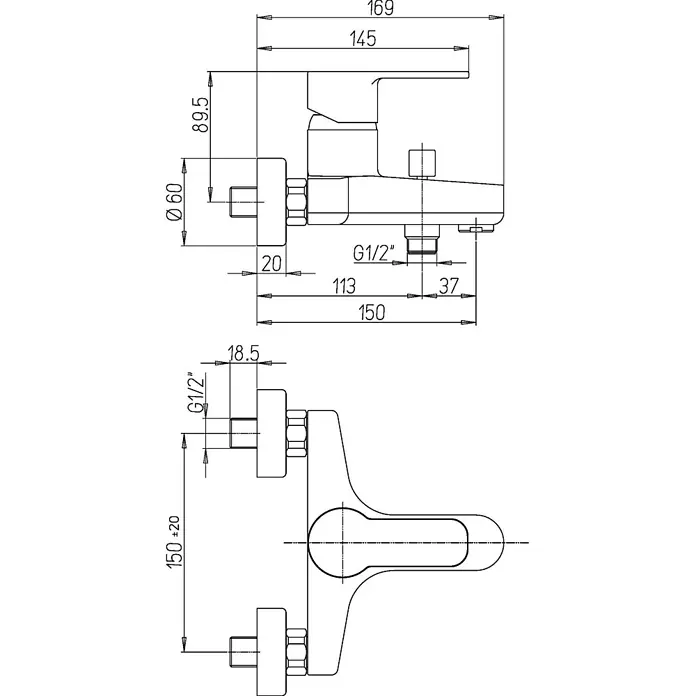 Kiamami Valentina Badewannenarmatur - Silber - Technische Zeichnung einer Wandarmatur mit Installationsmaßen (z.B. 150mm Abstand) und G1/2"-Anschlüssen.