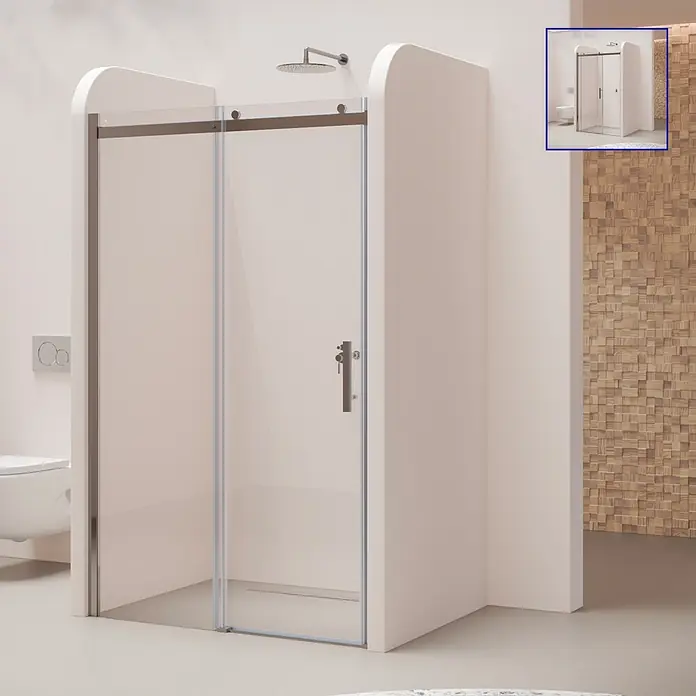 Nischenschiebetür 158,5-160 cm - Höhe: 200 cm, aus durchsichtigem 6 mm Sicherheitsglas -  - Duschkabine mit transparenter Glasschiebetür und dunklem Metallrahmen in einem modernen Badezimmer.