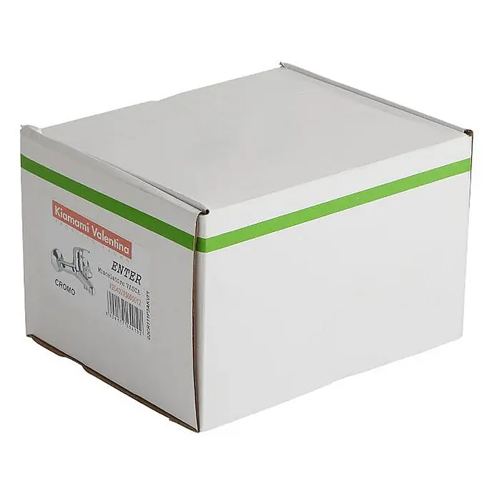 Kiamami Valentina Badewannenarmatur - Silber - Weiße Box mit grünem Streifen für eine Kiamami Valentina ENTER Chrom-Badewannenarmatur.