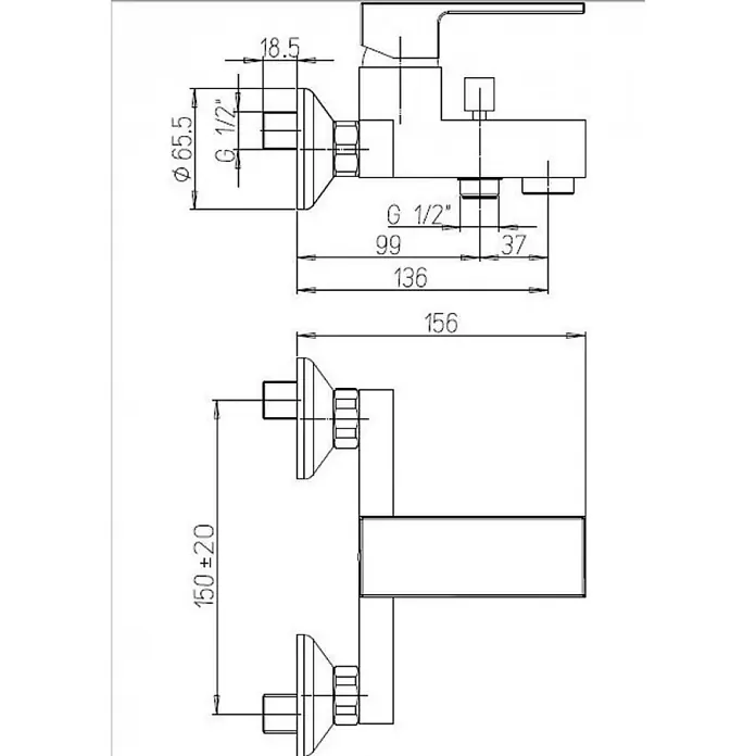 Kiamami Valentina Badewannenarmatur - Silber - Technische Zeichnung eines Wandmischers mit G 1/2" Anschlüssen und Maßen.