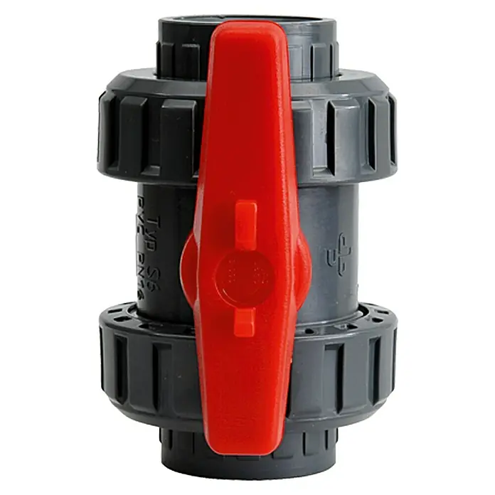 Setma PVC-Kugelhahn - 32 mm - Grauer PVC-Kugelhahn mit rotem Griff, ideal für Wasserleitungen. Zuverlässige Kontrolle und einfache Installation.