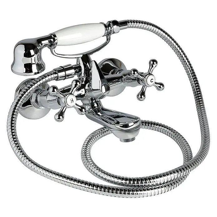 Kiamami Valentina Badewannenarmatur - Silber - Verchromte Badewannenarmatur zur Wandmontage mit Brauseschlauch und weißem Duschkopf, mit Kreuzgriffen für Warm- und Kaltwasser.