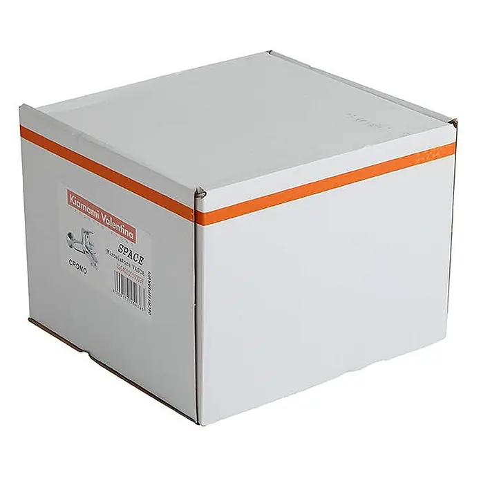 Kiamami Valentina Badewannenarmatur - Silber - Weiße Verpackungsbox mit orangefarbenen Streifen für einen verchromten Badewannenmischer von Kiamami Valentina.