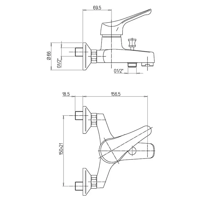 Kiamami Valentina Badewannenarmatur - Silber - Technisches Zeichnung einer wandmontierten Einhebel-Mischbatterie mit G1/2"-Anschlüssen und Installationsmaßen.