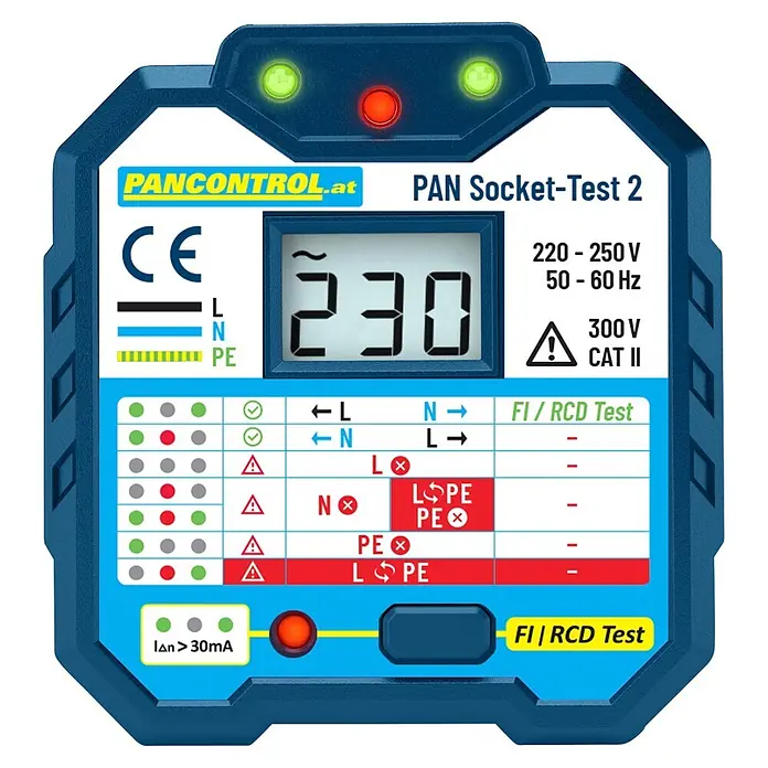 Pancontrol Spannungsprüfer PAN Socket-Test 2 - Messbereich Wechselspannung: 220 V - 250 V, Messkategorie: CAT III 300 V - Blau-weißer PAN Socket-Test 2 Steckdosentester mit Digitalanzeige und LED-Indikatoren für Spannung und Verdrahtungsstatus.