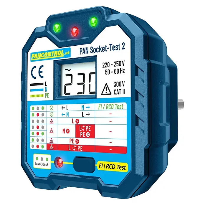 Pancontrol Spannungsprüfer PAN Socket-Test 2 - Messbereich Wechselspannung: 220 V - 250 V, Messkategorie: CAT III 300 V - Blau-schwarzer Steckdosentester mit Digitalanzeige '230' und LED-Anzeigen für Verdrahtungs- und RCD-Tests.
