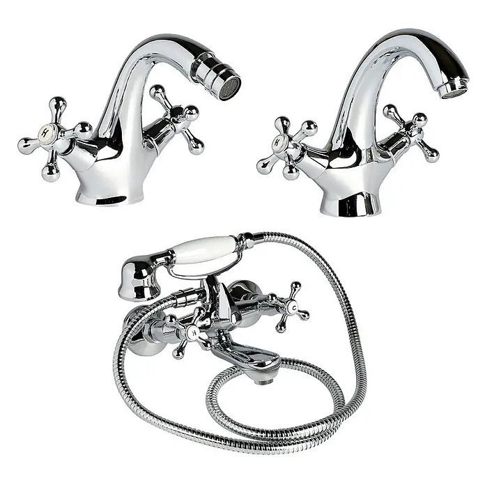 Kiamami Valentina Badewannenarmatur - Silber - Set aus drei verchromten Armaturen mit Kreuzgriffen: Bidet-, Waschtisch- und Badewannenmischer mit Brauseschlauch.