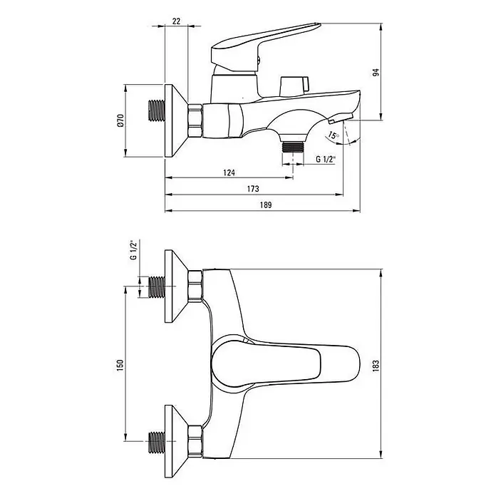 Kiamami Valentina Badewannenarmatur - Silber - Technische Zeichnung einer Wand-Duscharmatur mit Abmessungen, mit Einhebelmischer und G 1/2" Auslass.