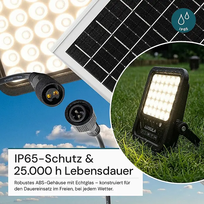 Luxula Solar-Außenwandleuchte LED Solarstrahler - 20 W, L x B x H: 28,3 x 26 x 4,8 cm, Schwarz, IP65, 2.750 lm - Solar-LED-Flutlicht mit IP65-Schutz und robustem ABS-Gehäuse, draußen im Regen sichtbar.