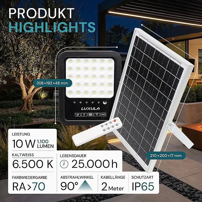 Luxula Solar-Außenwandleuchte LED Solarstrahler - 10 W, Schwarz, IP65, 1.100 lm - Schwarzer Solar-LED-Fluter mit separatem weißem Solarpanel und Fernbedienung, beleuchtet einen Baum im Freien.