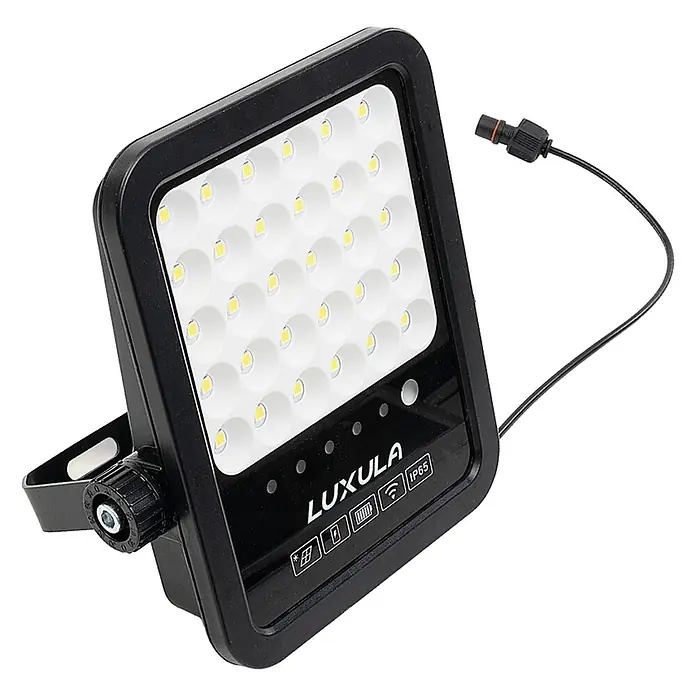 Luxula Solar-Außenwandleuchte LED Solarstrahler - 20 W, L x B x H: 28,3 x 26 x 4,8 cm, Schwarz, IP65, 2.750 lm - Schwarzer rechteckiger LED-Flutlichtstrahler mit vielen weißen LEDs, verstellbarer Halterung und Stromkabel.