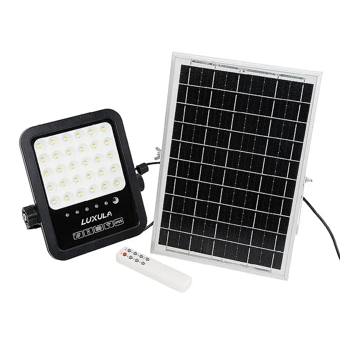 Luxula Solar-Außenwandleuchte LED Solarstrahler - 20 W, L x B x H: 28,3 x 26 x 4,8 cm, Schwarz, IP65, 2.750 lm - Schwarzer Solar-LED-Flutlichtstrahler, separates Solarpanel und weiße Fernbedienung.