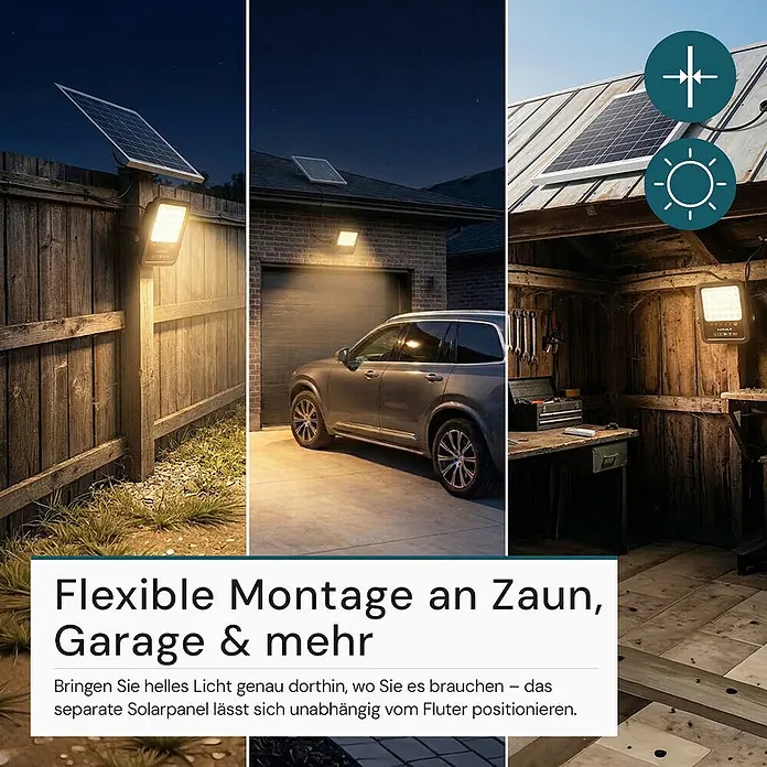 Luxula Solar-Außenwandleuchte LED Solarstrahler - 15 W, L x B x H: 24,9 x 23,2 x 4,8 cm, Schwarz, IP65, 1.650 lm - Solar-Flutlicht mit separatem Solarpanel, flexibel an Zaun, Garage und im Schuppen montiert zur Beleuchtung verschiedener Bereiche.