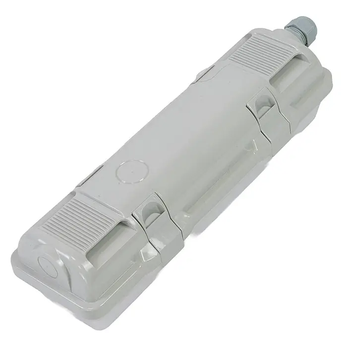 Luxula LED-Feuchtraumlichtleiste - Lichtfarbe: Neutralweiß, 6 W, IP65 - Hellgraues wasserdichtes Kunststoffgehäuse für elektrische Verbindungen mit Kabelverschraubung.