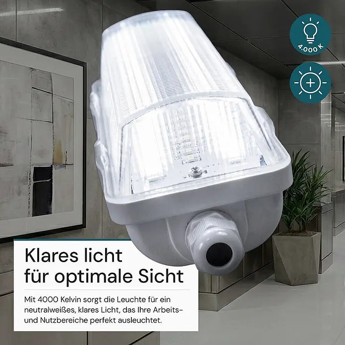 Luxula LED-Feuchtraumlichtleiste - Lichtfarbe: Neutralweiß, 6 W, IP65 - Weiße LED-Arbeitsleuchte mit gerippter Abdeckung, beleuchtet einen modernen Innenraum.