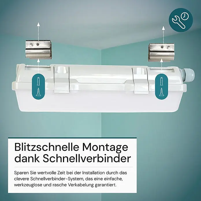 Luxula LED-Feuchtraumlichtleiste - Lichtfarbe: Neutralweiß, 6 W, IP65 - Weißes, rechteckiges Lichtsystem wird mit Metall-Schnellverbindern an der Decke montiert für schnelle, werkzeuglose Installation.
