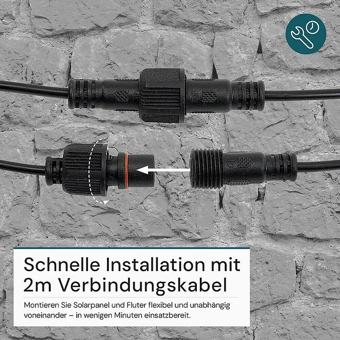 Luxula Solar-Außenwandleuchte LED Solarstrahler - 15 W, L x B x H: 24,9 x 23,2 x 4,8 cm, Schwarz, IP65, 1.650 lm - Schwarzer wasserdichter Kabelstecker, verbunden und losgelöst auf Ziegelwand gezeigt, für schnelle Installation.