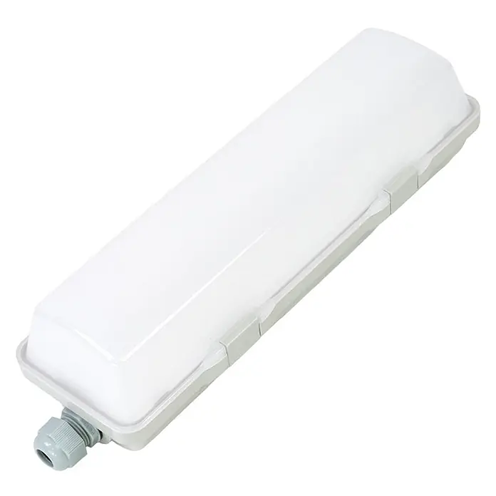 Luxula LED-Feuchtraumlichtleiste - Lichtfarbe: Neutralweiß, 6 W, IP65 - Lineare wasserdichte LED-Leuchte mit grauem Sockel und milchiger Abdeckung, inklusive Kabelverschraubung.