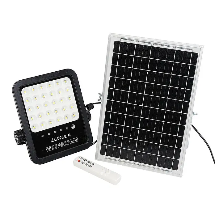 Luxula Solar-Außenwandleuchte LED Solarstrahler - 15 W, L x B x H: 24,9 x 23,2 x 4,8 cm, Schwarz, IP65, 1.650 lm - Schwarzer LED-Fluter, separates Solarpanel und weiße Fernbedienung für Außenbeleuchtung.