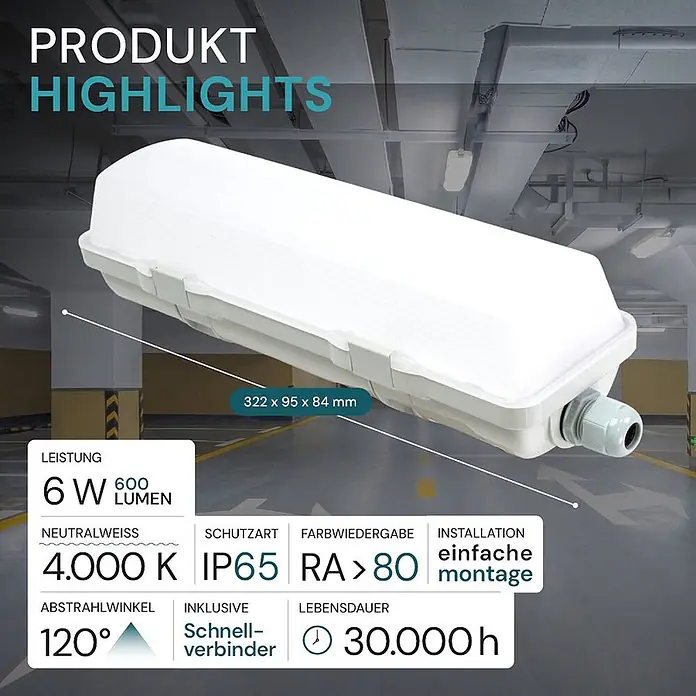 Luxula LED-Feuchtraumlichtleiste - Lichtfarbe: Neutralweiß, 6 W, IP65 - Weiße, rechteckige LED-Feuchtraumleuchte mit Kabelverschraubung, in einer Tiefgarage gezeigt.