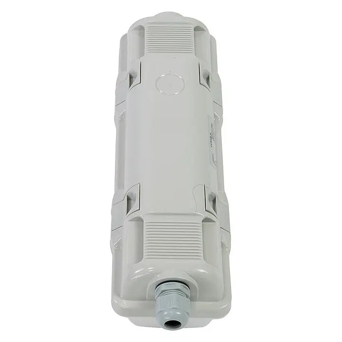Luxula LED-Feuchtraumlichtleiste - Lichtfarbe: Neutralweiß, 6 W, IP65 - Längliches hellgraues Kunststoffgehäuse mit Kabelverschraubung.