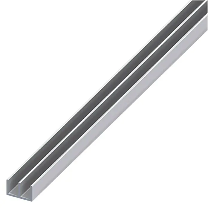 Kantoflex Schiebetür Schiene - 2.500 x 15,9 x 10 mm, Silber - Das Bild zeigt ein Aluminiumprofil mit zwei parallelen Schlitzen, ideal für verschiedene Konstruktions- und Montageanwendungen.