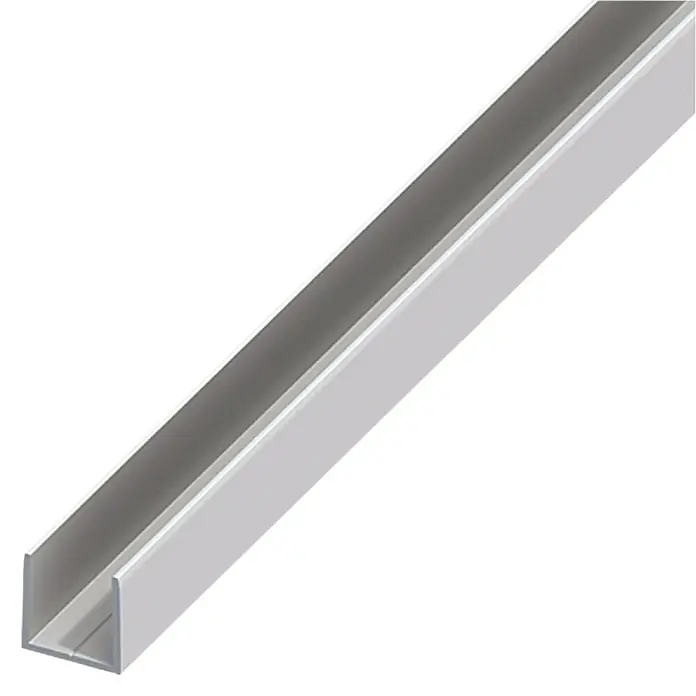 Kantoflex Klemmprofile - 1.000 x 7,9 x 10 mm, Stärke: 1,5 mm, Silber - Bild eines Aluminium-U-Profils, das für verschiedene Konstruktionen geeignet ist. Ideal für den Innenausbau und Möbelbau mit präzisen Kanten.