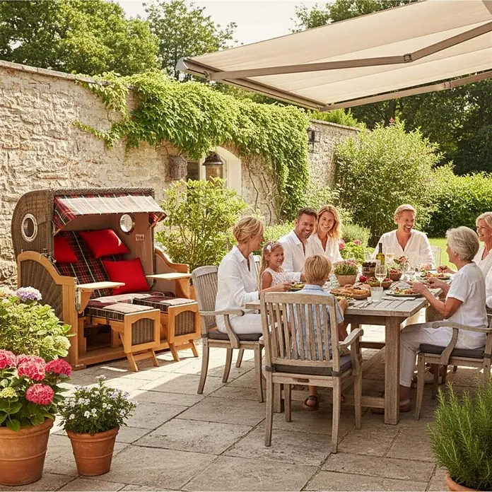 Mr. Deko Strandstuhl Strandkorb Düne Grande Bullauge Teak PE Grey Dessin 529 - 1 Stk., Teakholz. Polyrattan, Rückenlehne verstellbar, PE Grey - Familie isst im Freien an einem Holztisch unter einer beigen Markise, mit einem gemütlichen Strandkorb daneben.