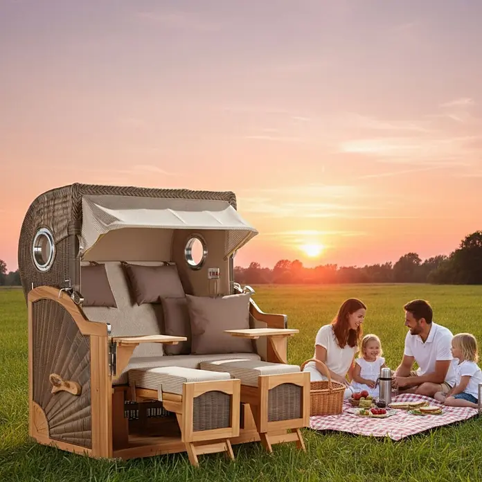 Mr. Deko Strandstuhl Strandkorb Düne Grande Bullauge Teak PE Grey Dessin 510 - 1 Stk., Teakholz. Polyrattan, Rückenlehne verstellbar, PE Grey - Brauner Strandkorb aus Korbgeflecht mit Holzrahmen und beigen Kissen, für gemütliche Entspannung im Freien, mit einer picknickenden Familie dargestellt.