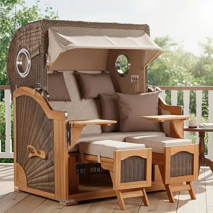Mr. Deko Strandstuhl Strandkorb Düne Grande Bullauge Teak PE Grey Dessin 510 - 1 Stk., Teakholz. Polyrattan, Rückenlehne verstellbar, PE Grey - Brauner Strandkorb aus Korbgeflecht und Holz mit gestreiften Polstern und ausziehbaren Fußhockern auf einer Terrasse.